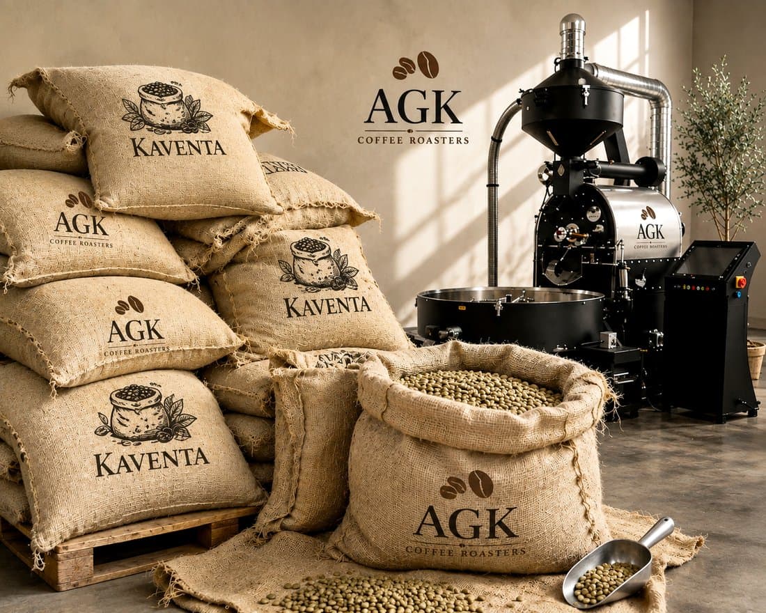 Kaventa ve AGK Coffee Roasters yazılı kahve çuvalları, kavurma tesisinde